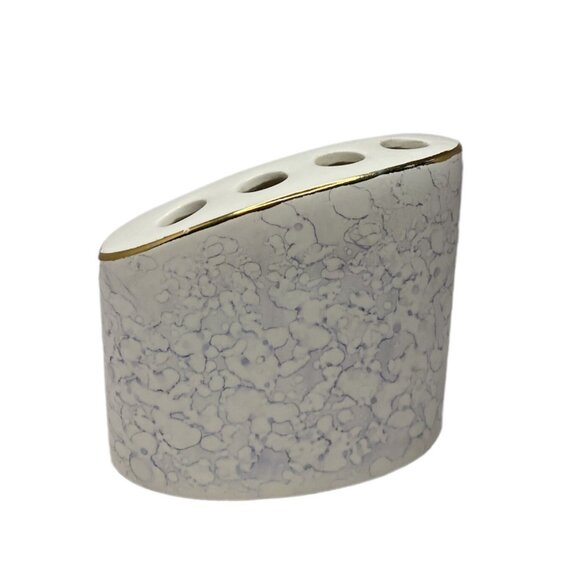 Vtg Ceramic Toothbrush Holder MCM Marble Pattern Gold Trim Hollywood Regency Mod - Picture 1 of 11